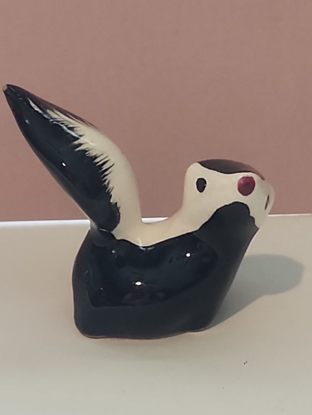 Vintage Skunk Miniature Ceramic Figurine Head Turned Tail Up Mid Century Kitsch